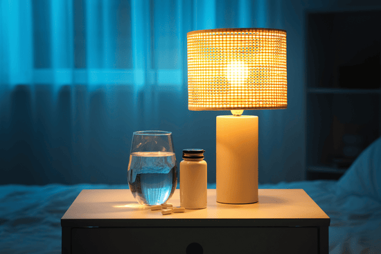 verre d eau, flacon de complement alimentaire et gelules sur une table de nuit