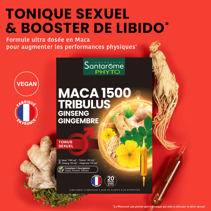 Acheter Maca 1500 Tribulus Ginseng Gingembre 20 ampoules Santarome Bio
